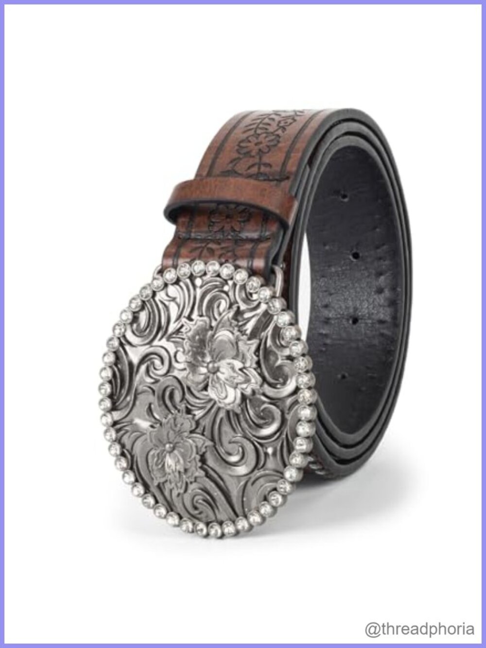 Rhinestone Western Belt PU Leather Floral Buckle Cowgirl Accessory
